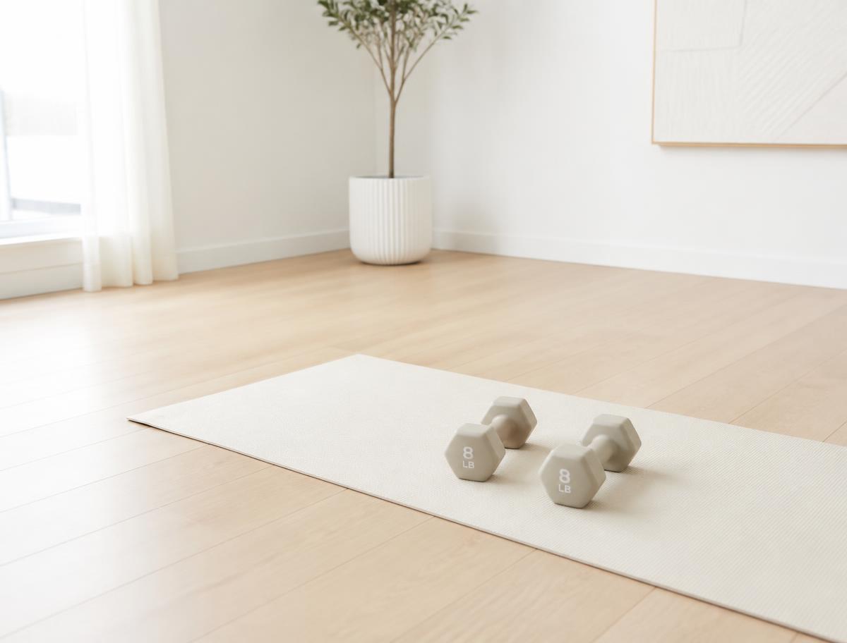 Two eight pound dumbbells resting on a cream mat in a sunlit white studio