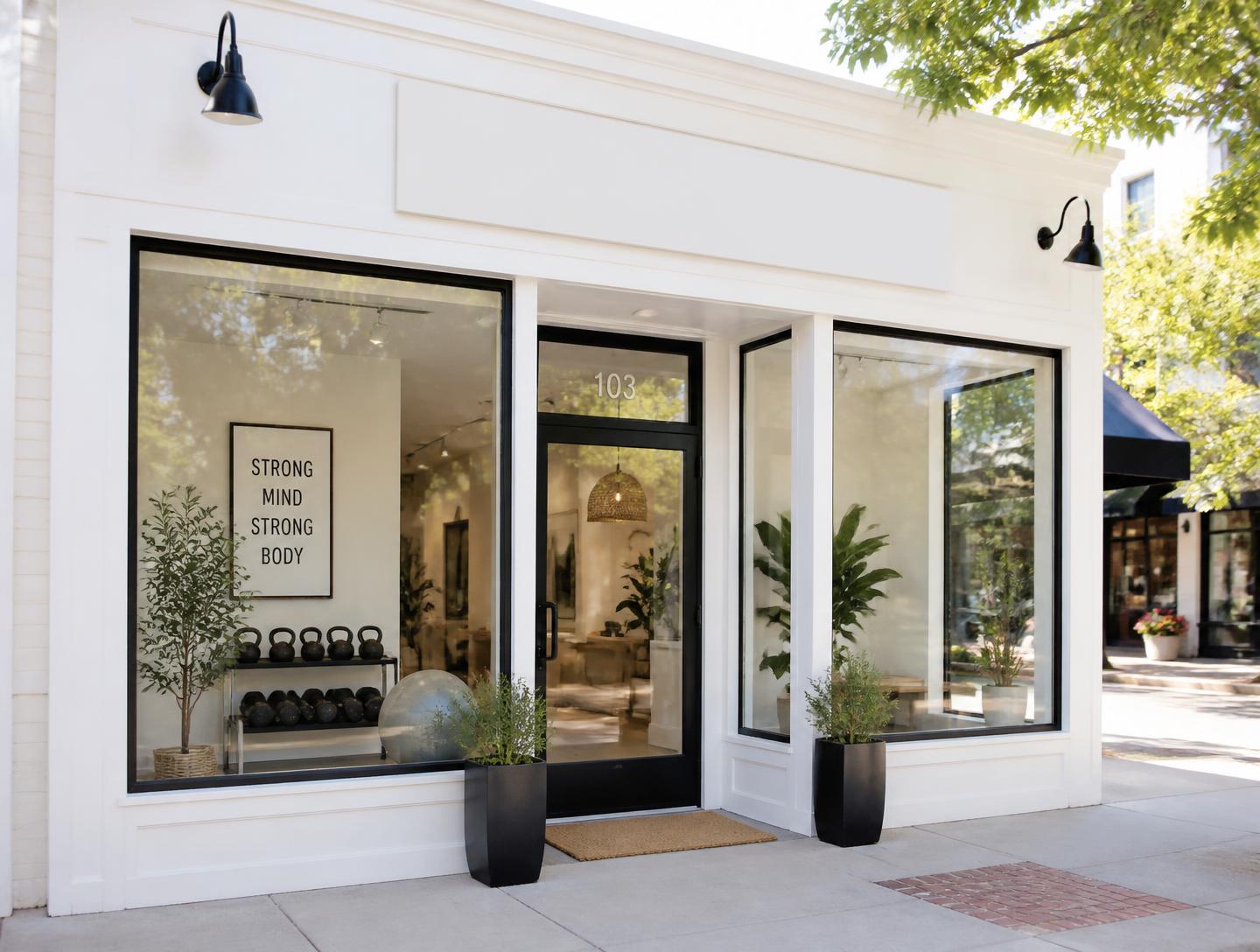 Bright white boutique studio storefront with large glass windows on a sunny street